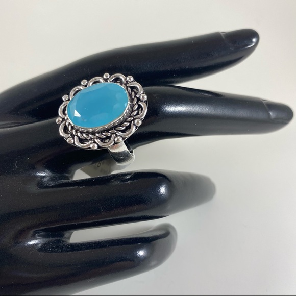 Ornate Aqua quartz cabochon German silver ring size 9 NEW - Picture 3 of 3